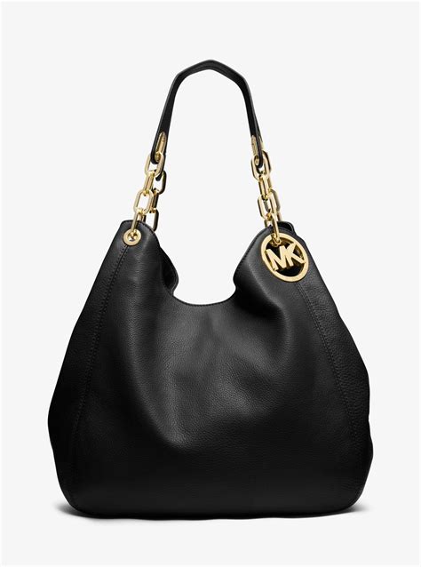 michael kors black fulton large leather hobo shoulder bag|Michael Kors large shoulder tote.